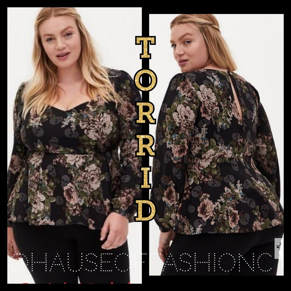 TORRID Black Skulls & Floral Sweetheart Kneck Peplum Crepe Top! NWT!
